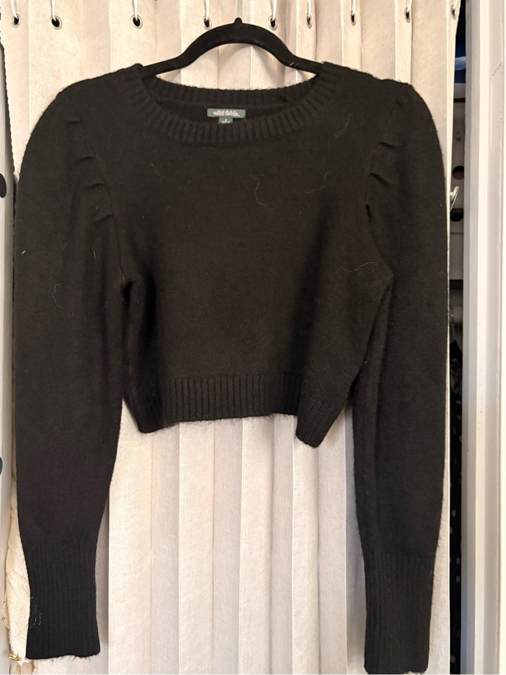 wild fable Black Cropped Crewneck Sweater with Puff Shoulders